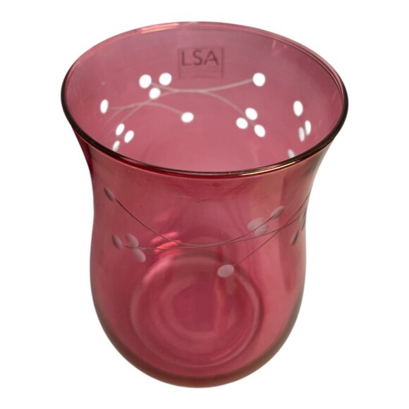 LSA Pink Glass Vases Pair – 6.5 in – White Berry Branch Design – Handblown – Mod - Picture 2 of 3